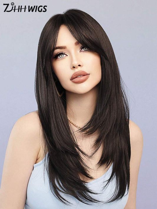 SHEIN باروكة شعر صناعي طويل 24 بوصة بني داكن مموج مع غرة
