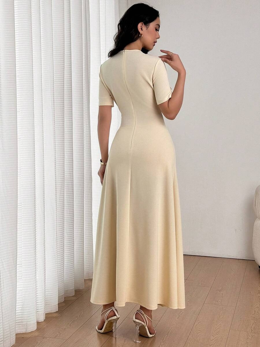 SHEIN Firerie فستان طويل كاجوال بلون مشمشي بياقة دائرية وأكمام قصيرة