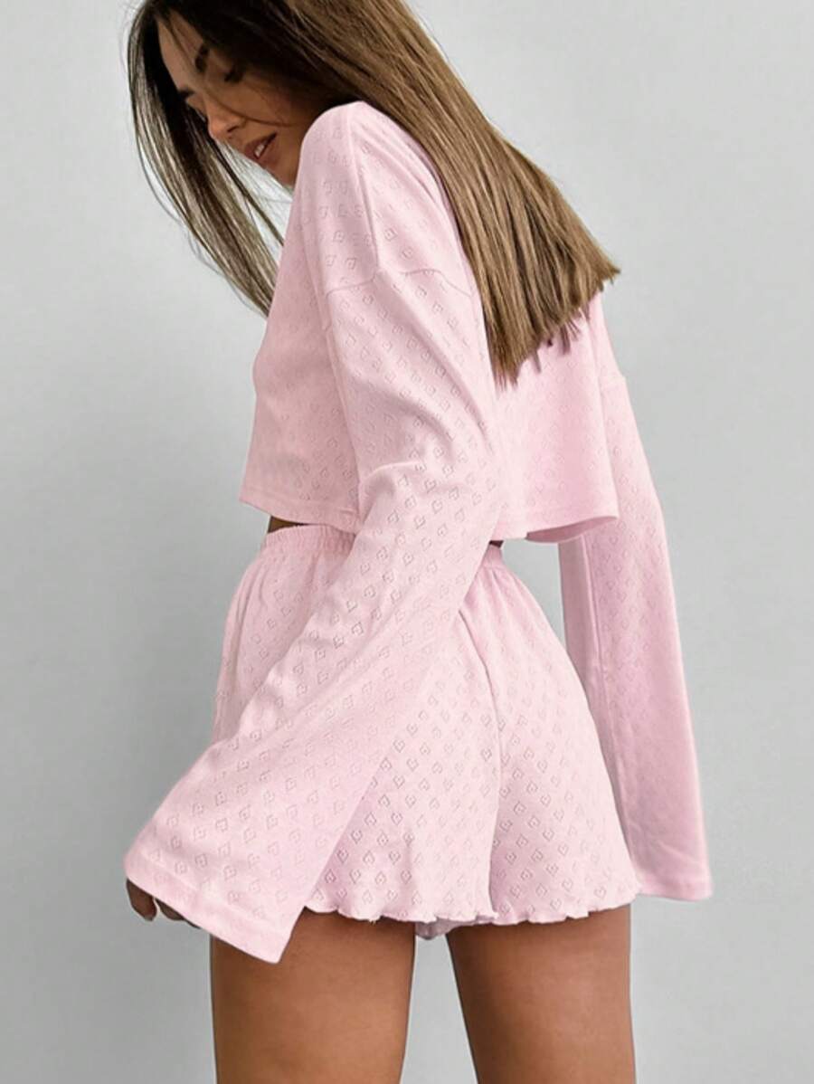 SHEIN طقم ملابس 2 قطعة بلوزة بأكمام طويلة وشورت قطني مرن