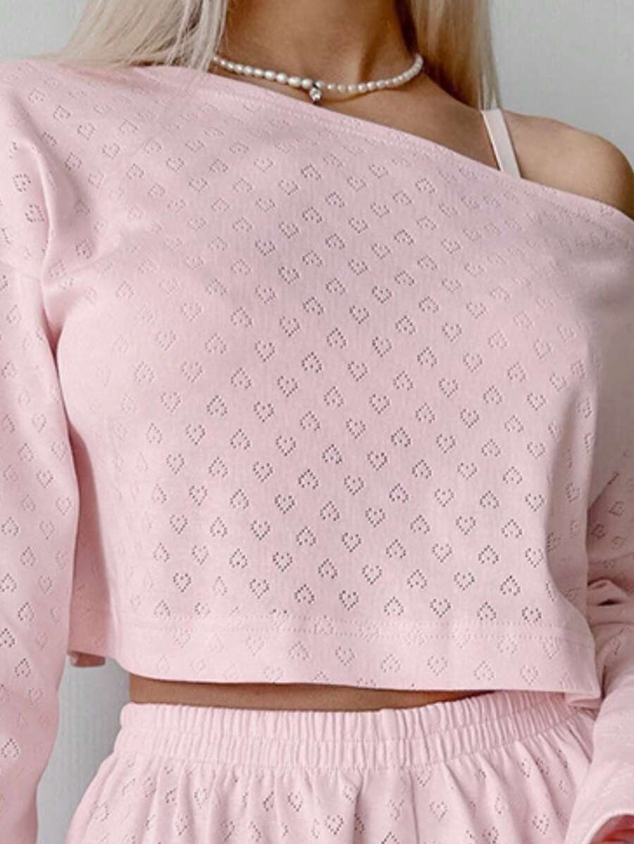 SHEIN طقم ملابس 2 قطعة بلوزة بأكمام طويلة وشورت قطني مرن