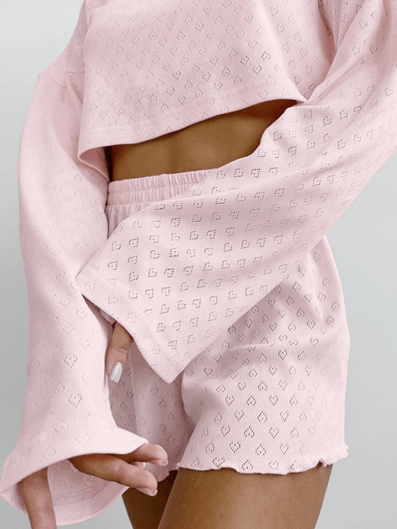 SHEIN طقم ملابس 2 قطعة بلوزة بأكمام طويلة وشورت قطني مرن