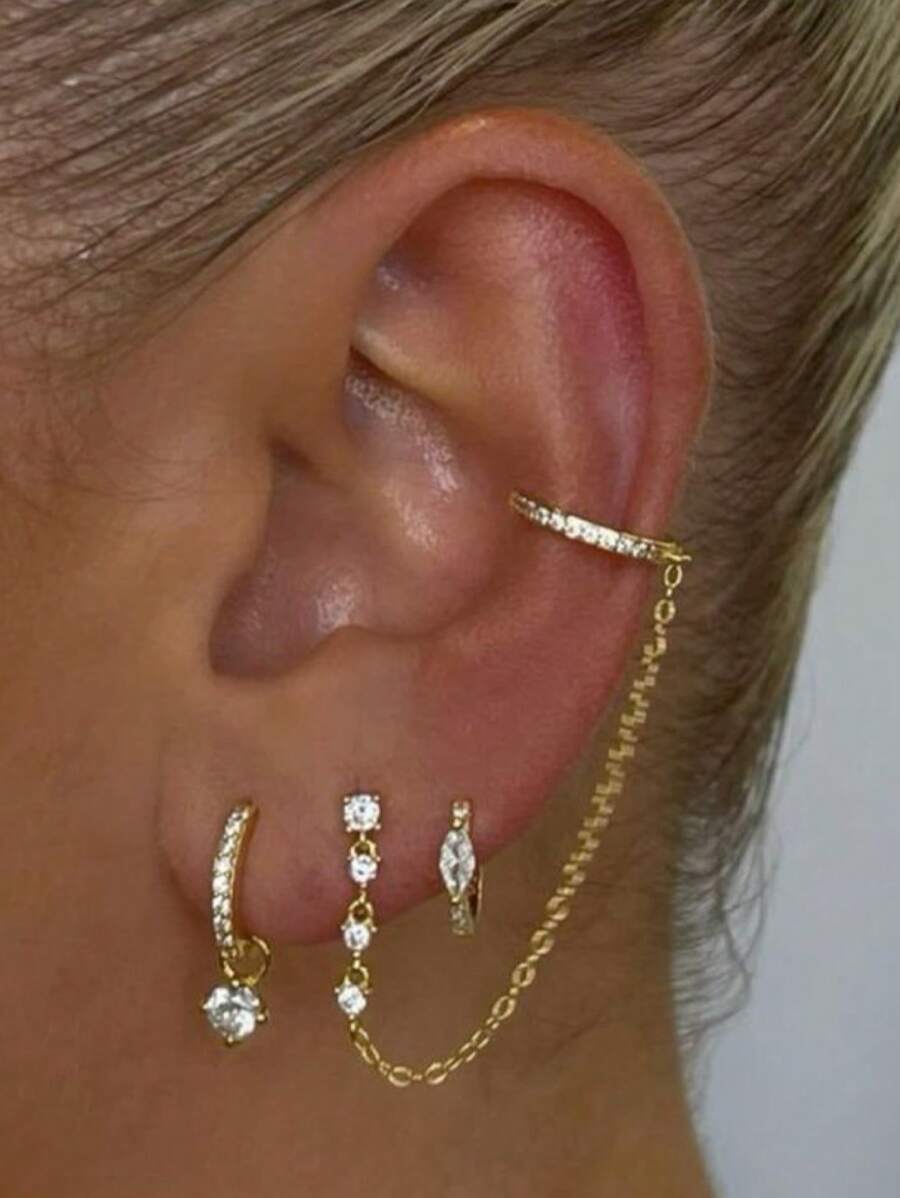 SHEIN طقم 3 أقراط دبابيس بسلاسل من المكعب بتصميم متناسق