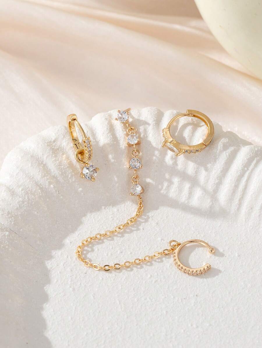 SHEIN طقم 3 أقراط دبابيس بسلاسل من المكعب بتصميم متناسق