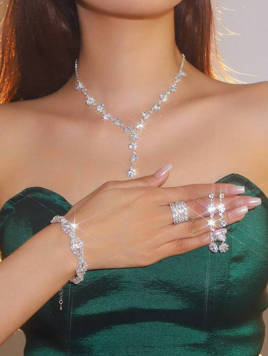 SHEIN مجموعة مجوهرات ابيض 4 قطع كريستال