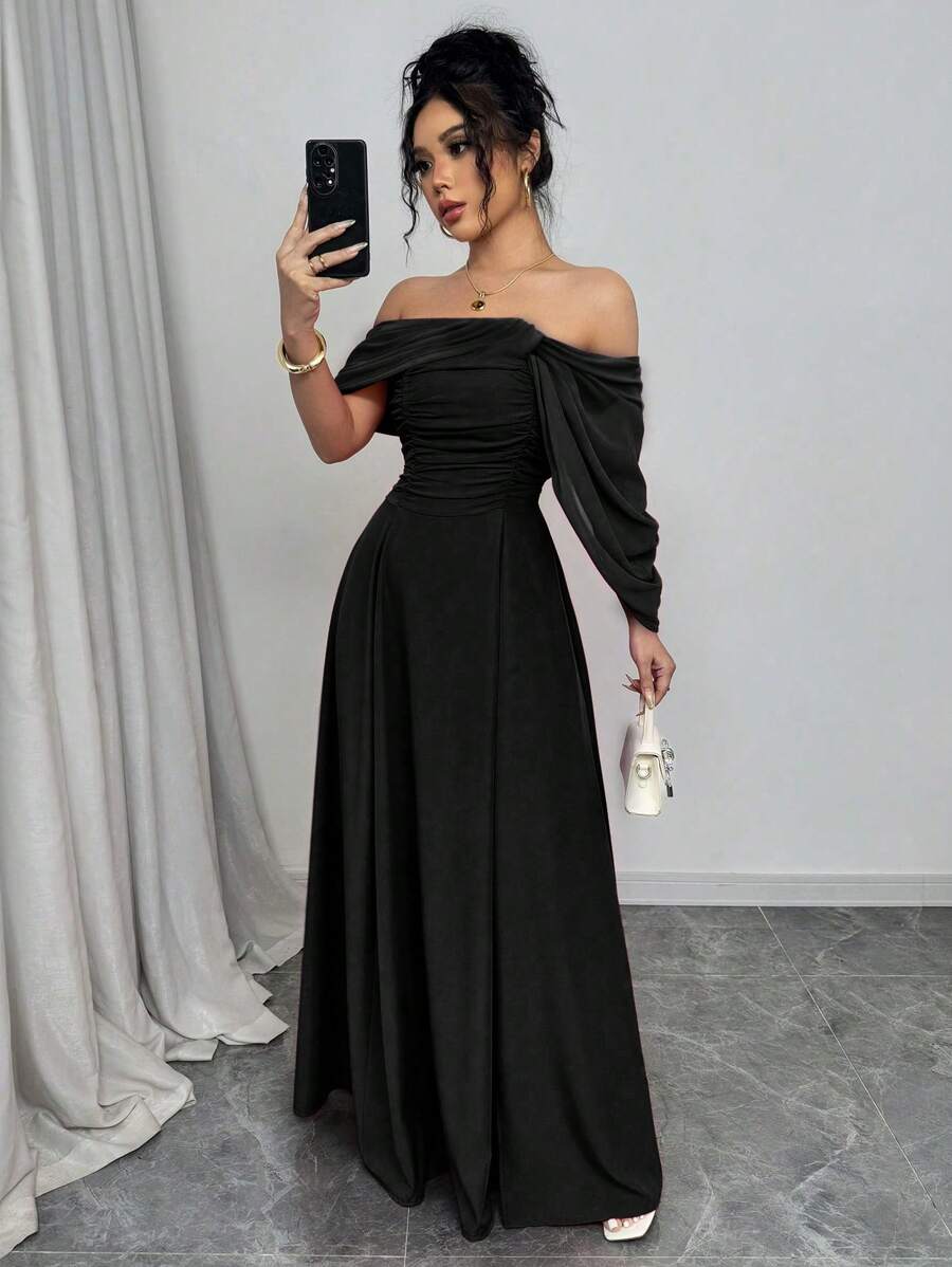 SHEIN Rafferiza فستان أسود مخصر بياقة مطوية وأكمام قصيرة