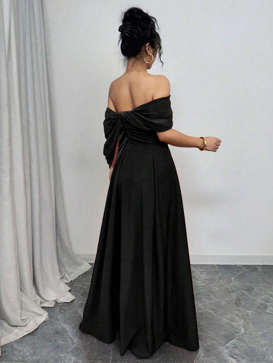 SHEIN Rafferiza فستان اسود مخصر بياقة مطوية وأكمام قصيرة