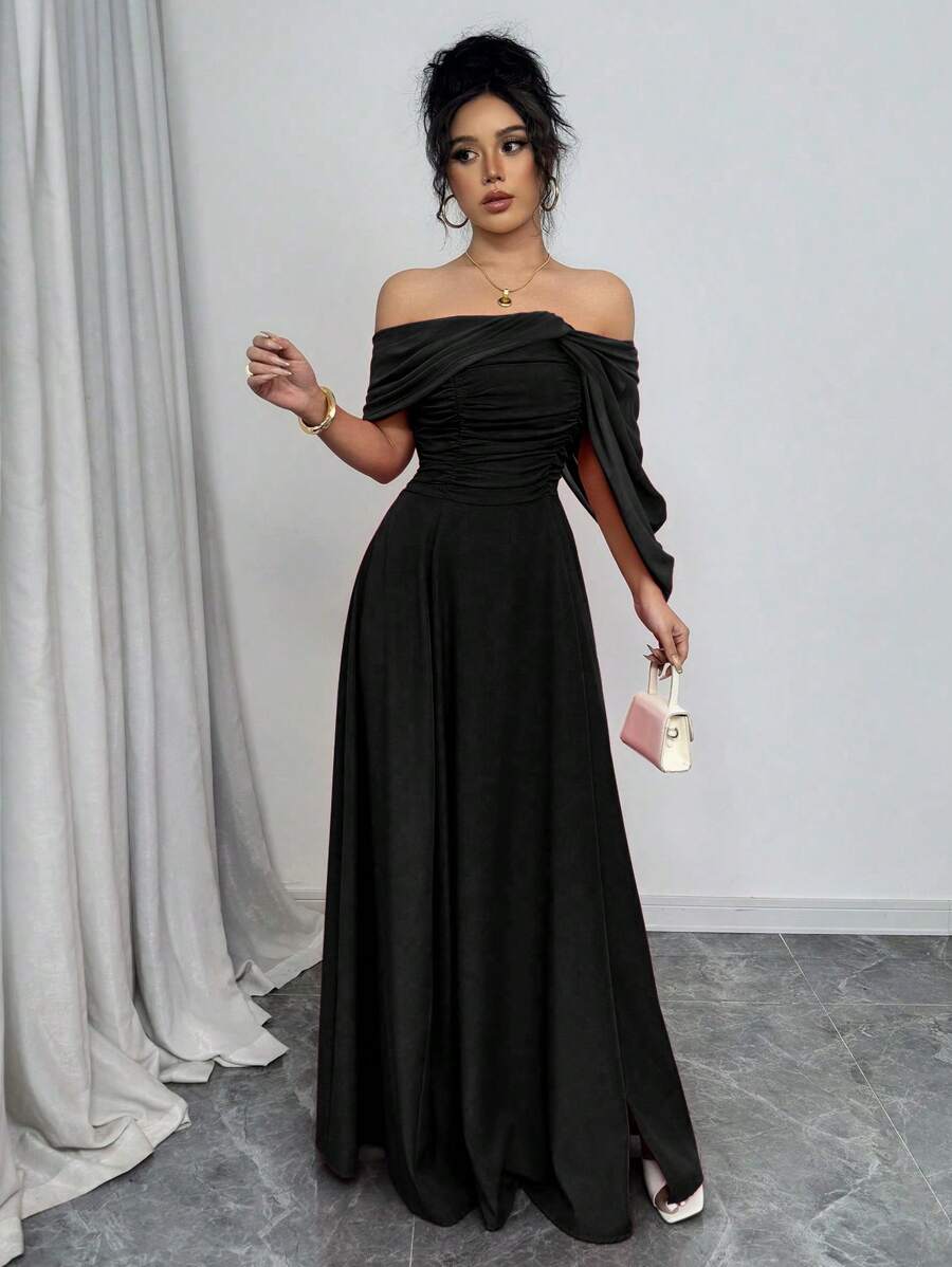 SHEIN Rafferiza فستان اسود مخصر بياقة مطوية وأكمام قصيرة