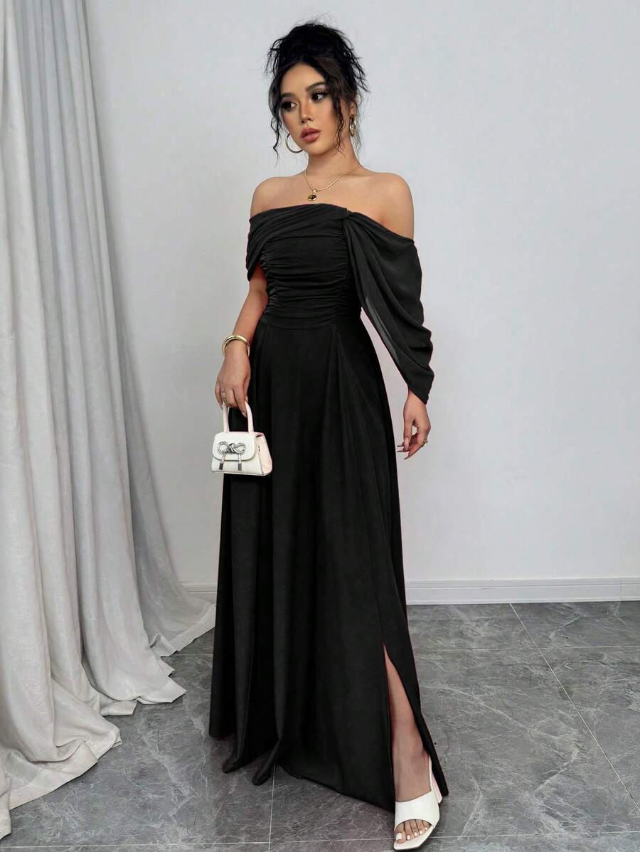SHEIN Rafferiza فستان أسود مخصر بياقة مطوية وأكمام قصيرة