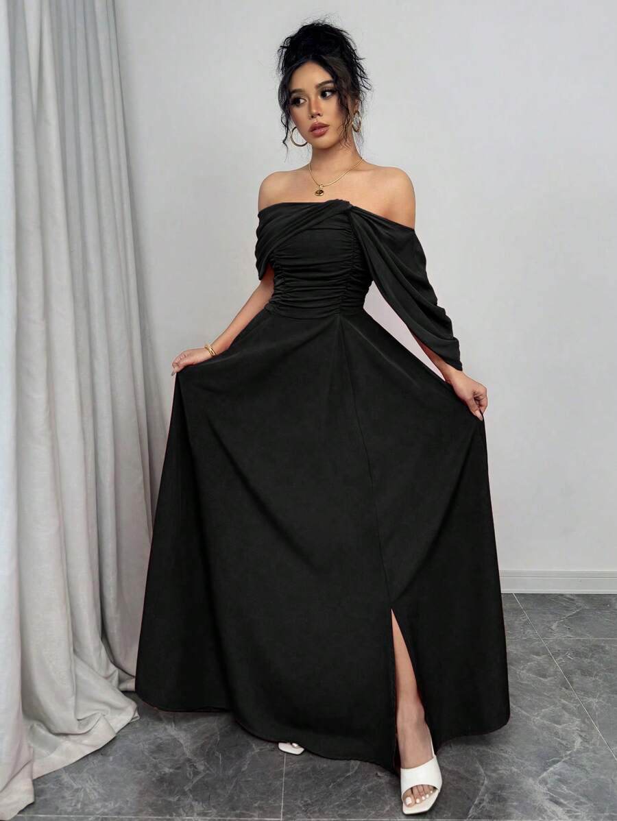 SHEIN Rafferiza فستان أسود مخصر بياقة مطوية وأكمام قصيرة