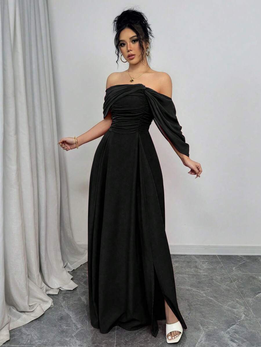 SHEIN Rafferiza فستان اسود مخصر بياقة مطوية وأكمام قصيرة