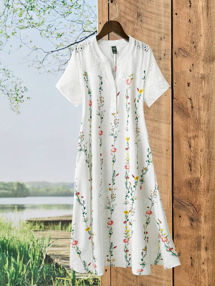 SHEIN Rusticease فستان متوسط الطول وأكمام قصيرة بتطريز الزهور