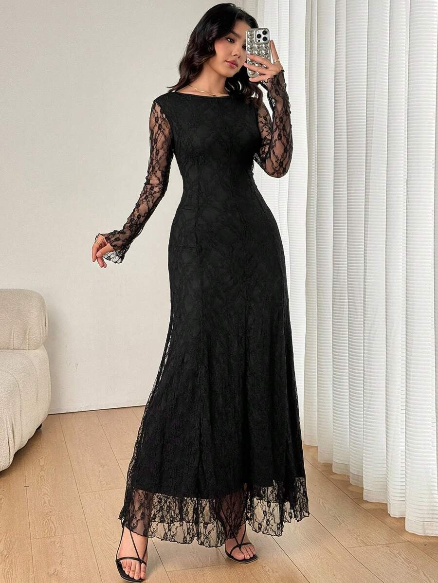 SHEIN Firerie  فستان نسائي ماكسي أسود دانتيل بقصة حورية البحر وظهر مفتوح