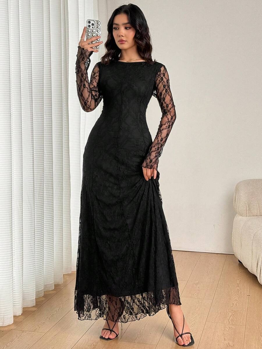 SHEIN Firerie  فستان نسائي ماكسي أسود دانتيل بقصة حورية البحر وظهر مفتوح