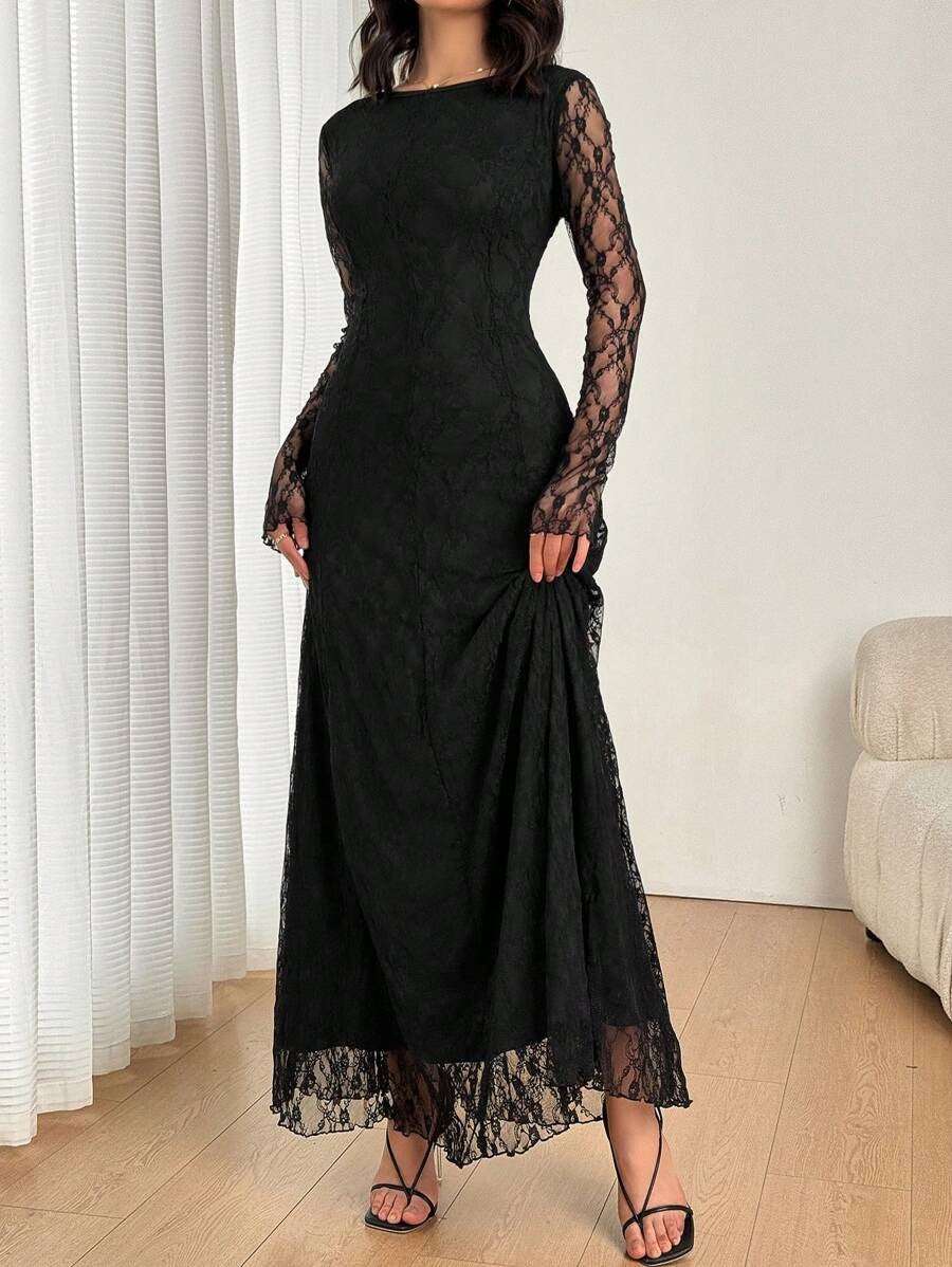 SHEIN Firerie  فستان نسائي ماكسي أسود دانتيل بقصة حورية البحر وظهر مفتوح