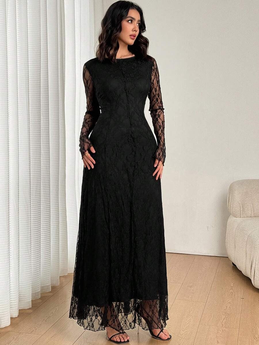 SHEIN Firerie  فستان نسائي ماكسي أسود دانتيل بقصة حورية البحر وظهر مفتوح