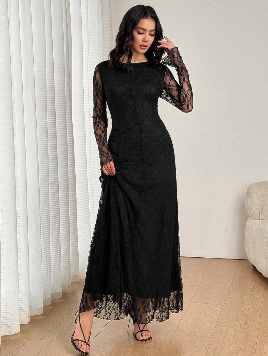 SHEIN Firerie  فستان نسائي ماكسي أسود دانتيل بقصة حورية البحر وظهر مفتوح