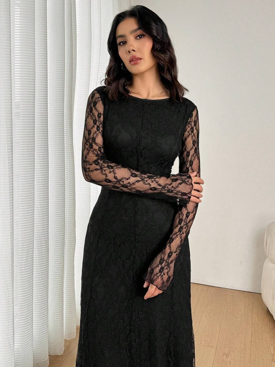 SHEIN Firerie  فستان نسائي ماكسي أسود دانتيل بقصة حورية البحر وظهر مفتوح