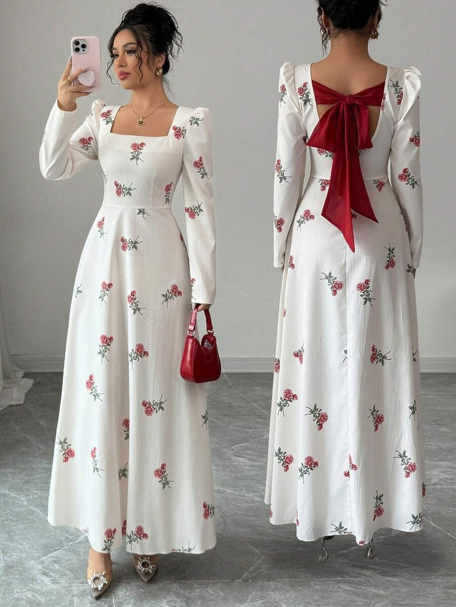 SHEIN Modelyn   فستان طويل مشمشي بنقشة زهور وقماش متناسق