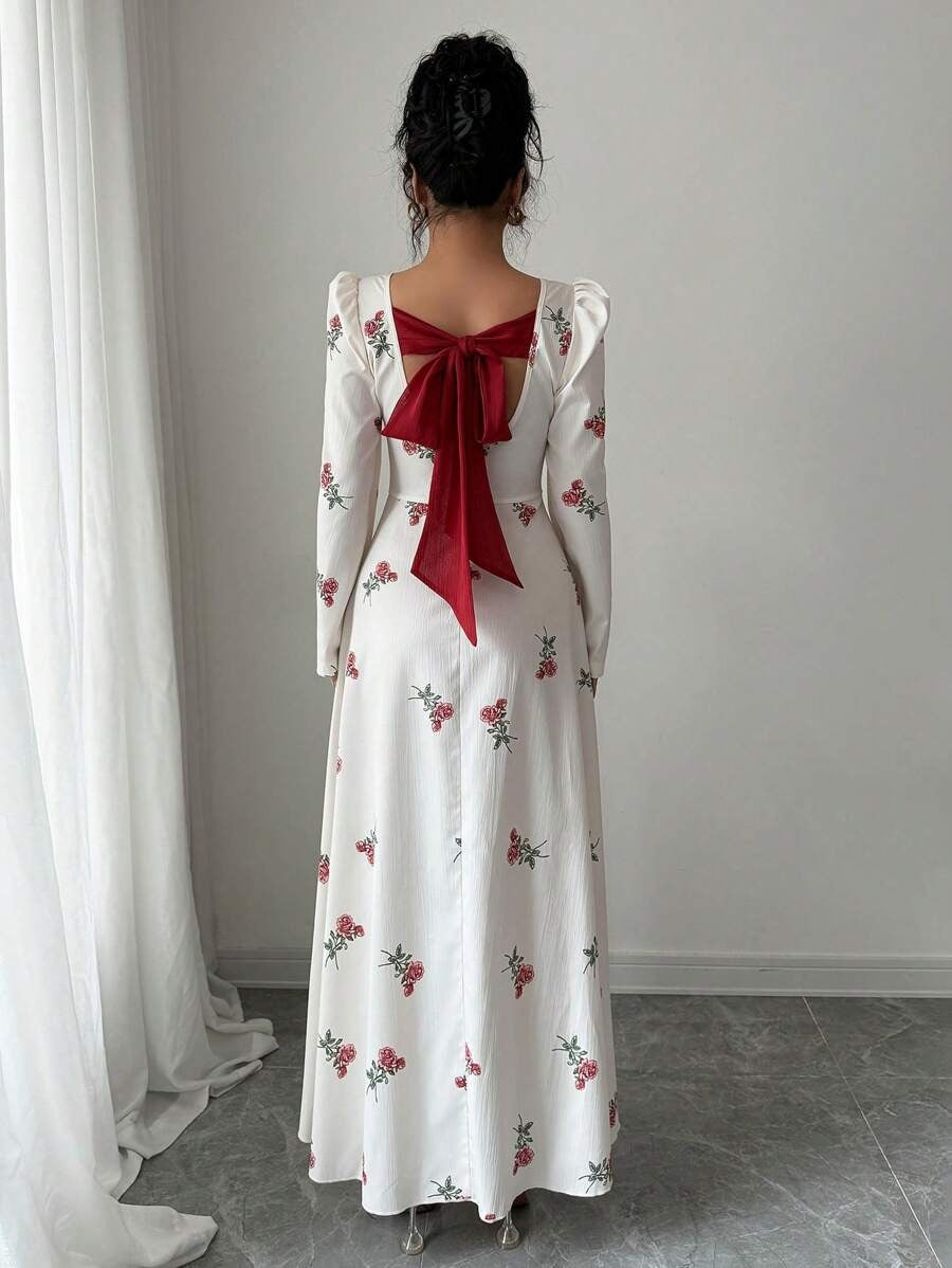 SHEIN Modelyn   فستان طويل مشمشي بنقشة زهور وقماش متناسق