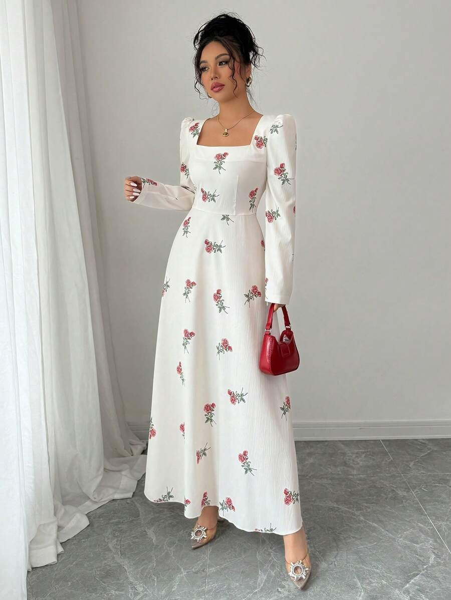 SHEIN Modelyn   فستان طويل مشمشي بنقشة زهور وقماش متناسق