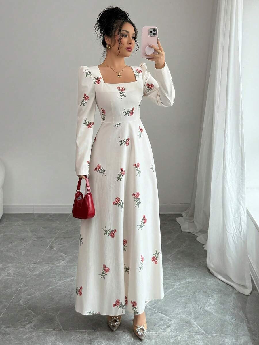 SHEIN Modelyn   فستان طويل مشمشي بنقشة زهور وقماش متناسق