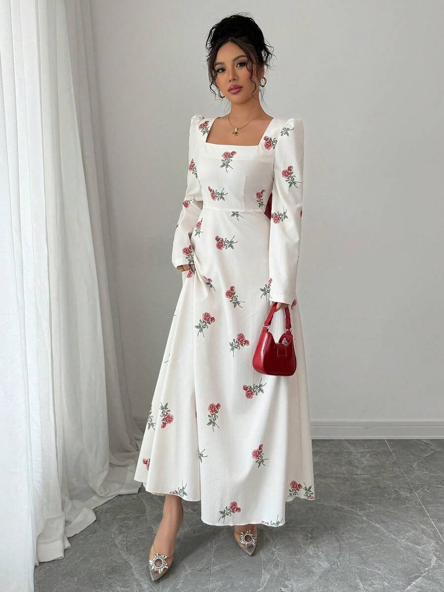 SHEIN Modelyn   فستان طويل مشمشي بنقشة زهور وقماش متناسق