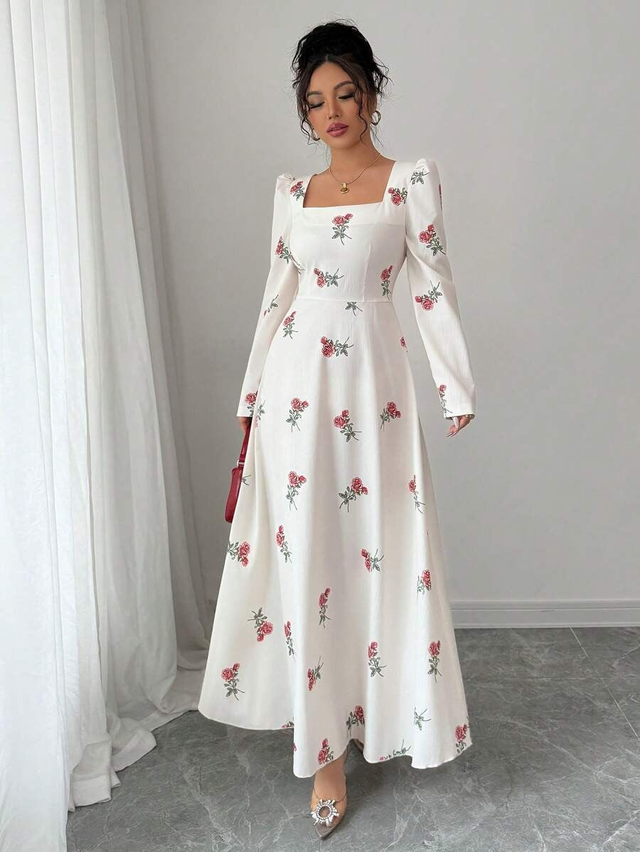 SHEIN Modelyn   فستان طويل مشمشي بنقشة زهور وقماش متناسق