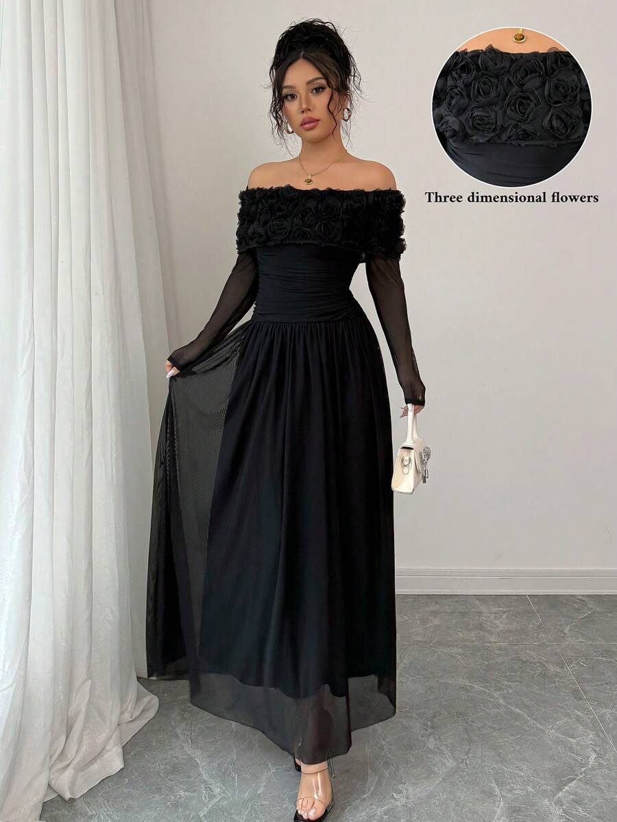 SHEIN Elenzga فستان اسود بذيل كشكش وأكمام مكشوفة الكتف