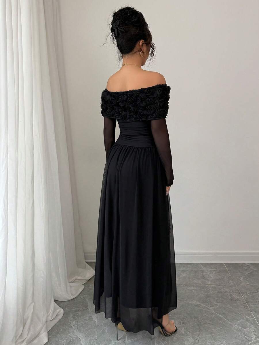 SHEIN Elenzga فستان اسود بذيل كشكش وأكمام مكشوفة الكتف