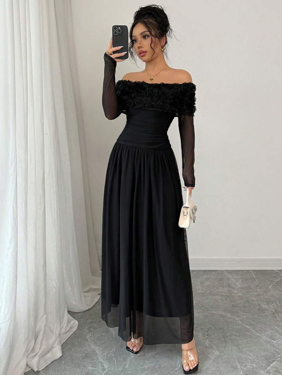 SHEIN Elenzga فستان اسود بذيل كشكش وأكمام مكشوفة الكتف