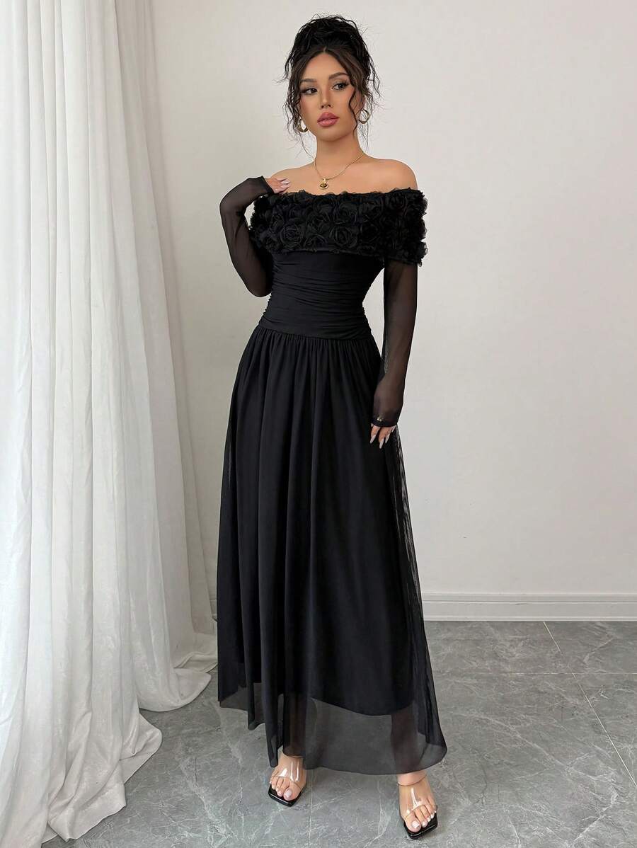 SHEIN Elenzga فستان اسود بذيل كشكش وأكمام مكشوفة الكتف