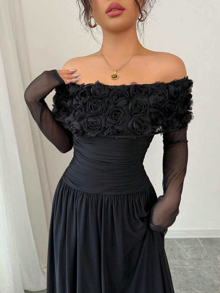SHEIN Elenzga فستان اسود بذيل كشكش وأكمام مكشوفة الكتف