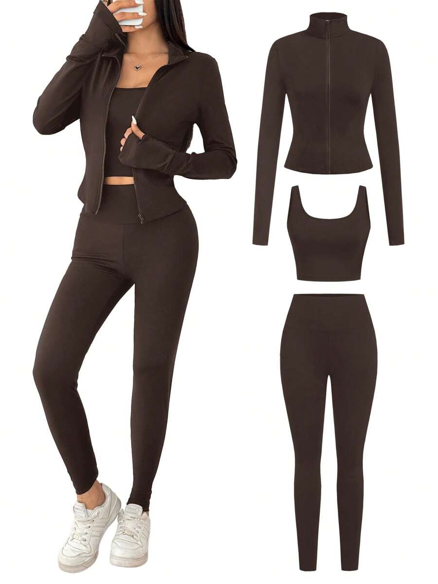SHEIN EZwear طقم رياضي 3 قطع محبوك بني