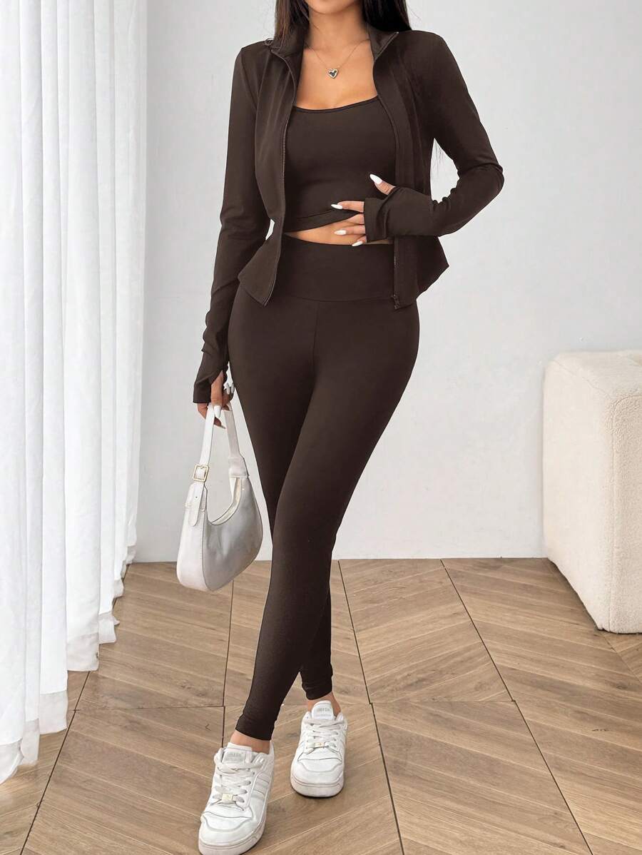 SHEIN EZwear طقم رياضي 3 قطع محبوك بني