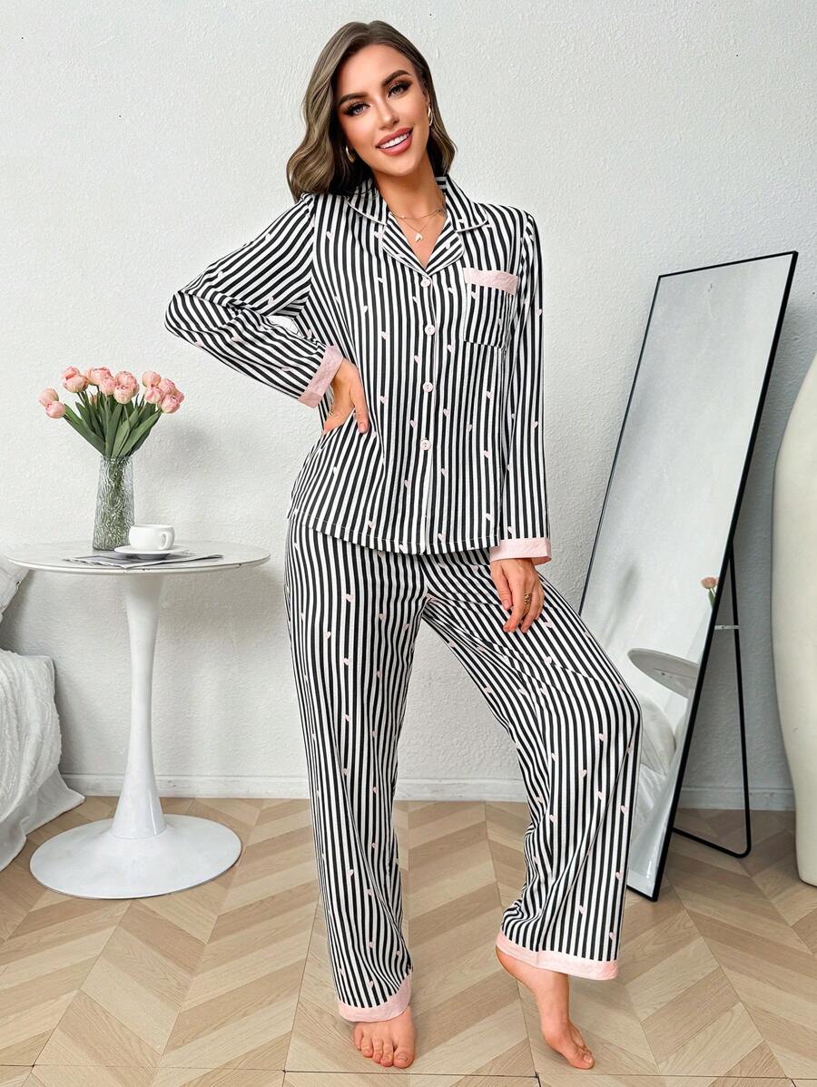 SHEIN طقم بيجامة مخططة بياقة قلب وأكمام طويلة وبنطلون طويل