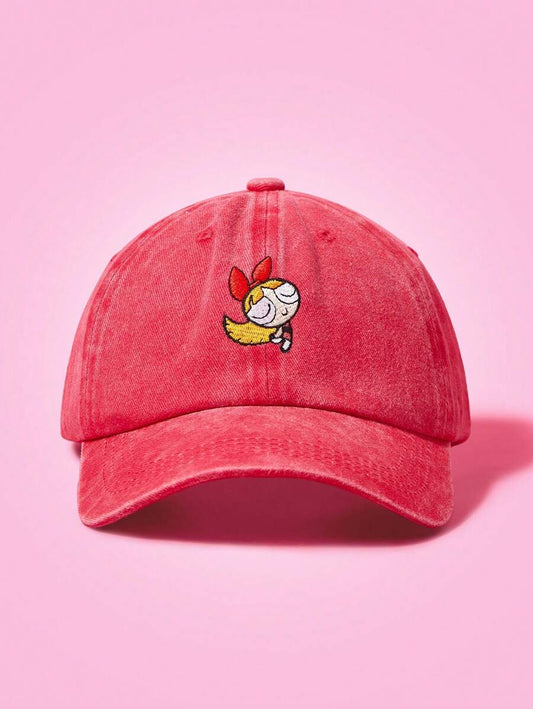 SHEIN THE POWERPUFF GIRLS قبعة بيسبول حمراء مطرزة بفتاة القوة