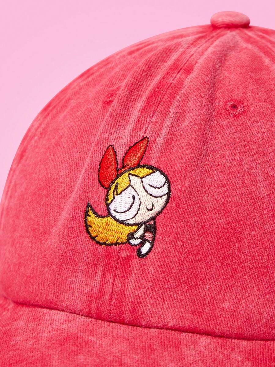 SHEIN THE POWERPUFF GIRLS قبعة بيسبول حمراء مطرزة بفتاة القوة