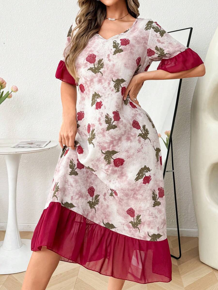 SHEIN CottageSlumber فستان نوم شيفون بطبعات زهرية وكشكشة