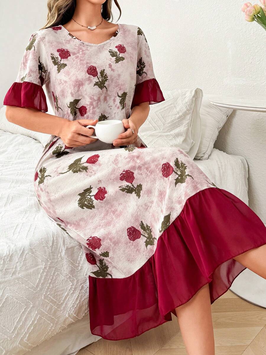 SHEIN CottageSlumber فستان نوم شيفون بطبعات زهرية وكشكشة