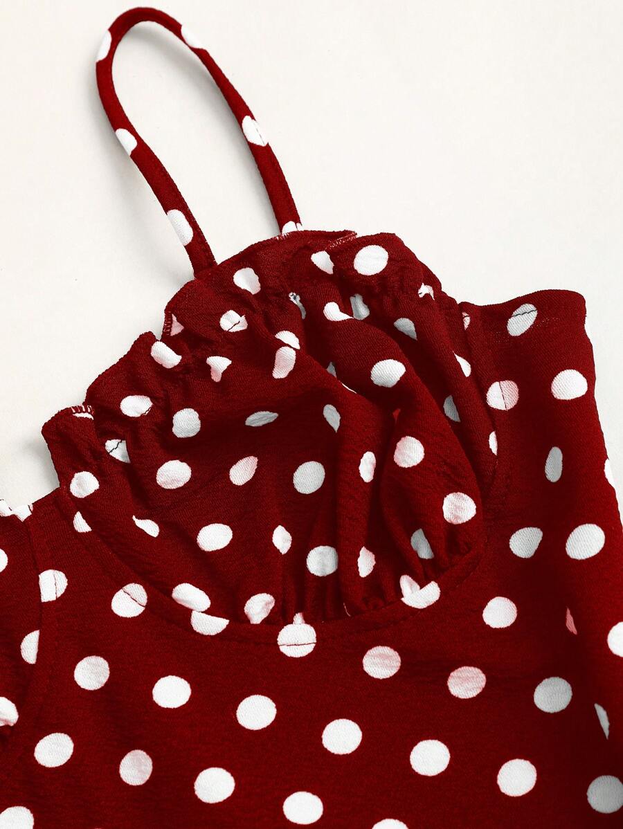 SHEIN Sweetra فستان أحمر بحمالات رفيعة وظهر مكشوف بطبعة نقاط البولكا