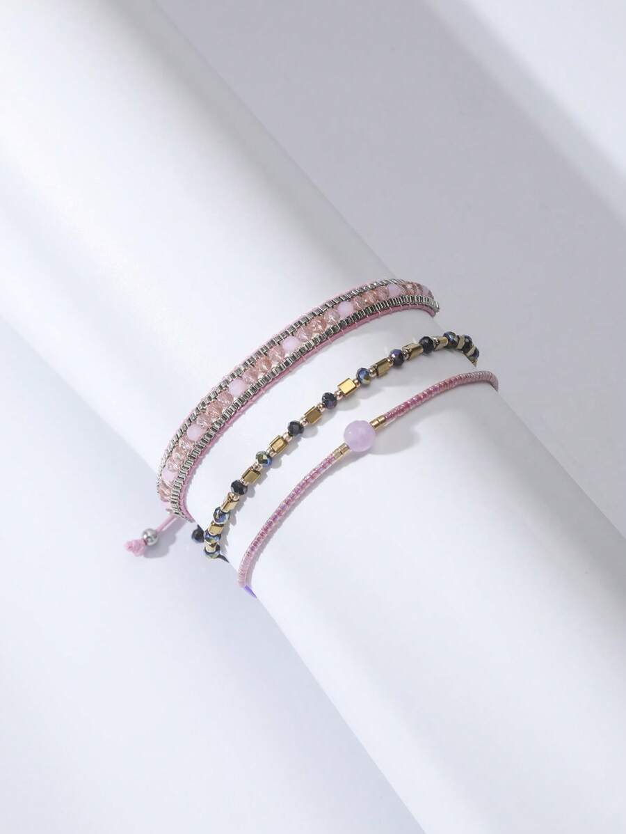 SHEIN أساور 3 قطع مطاطية صنع يدوي بخرز وخيوط