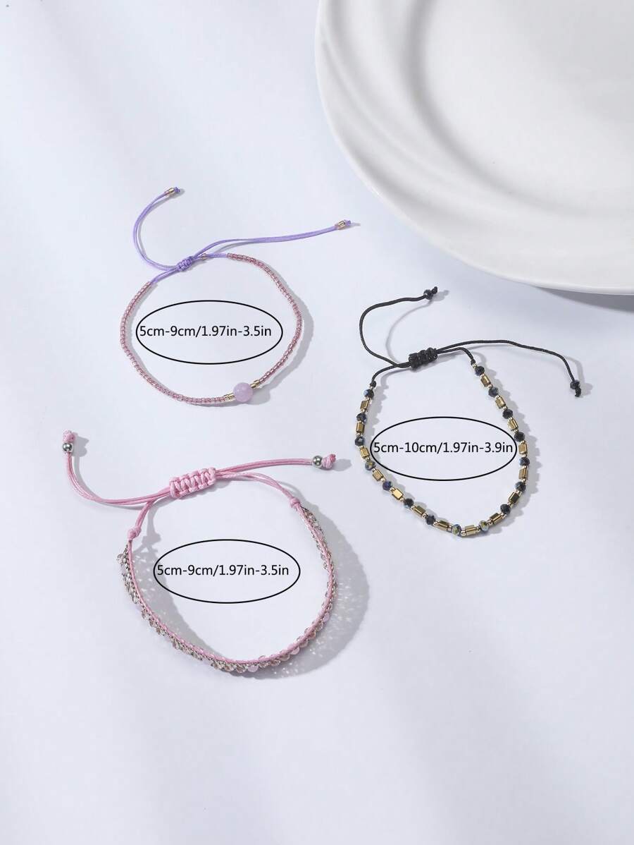 SHEIN أساور 3 قطع مطاطية صنع يدوي بخرز وخيوط