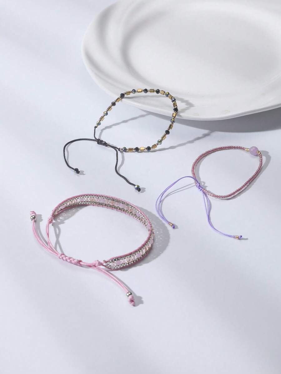 SHEIN أساور 3 قطع مطاطية صنع يدوي بخرز وخيوط