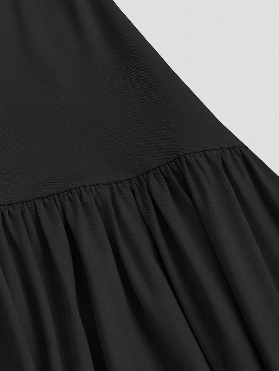 SHEIN Sweetra فستان أسود طويل مطوي عند الياقة بدون أكمام