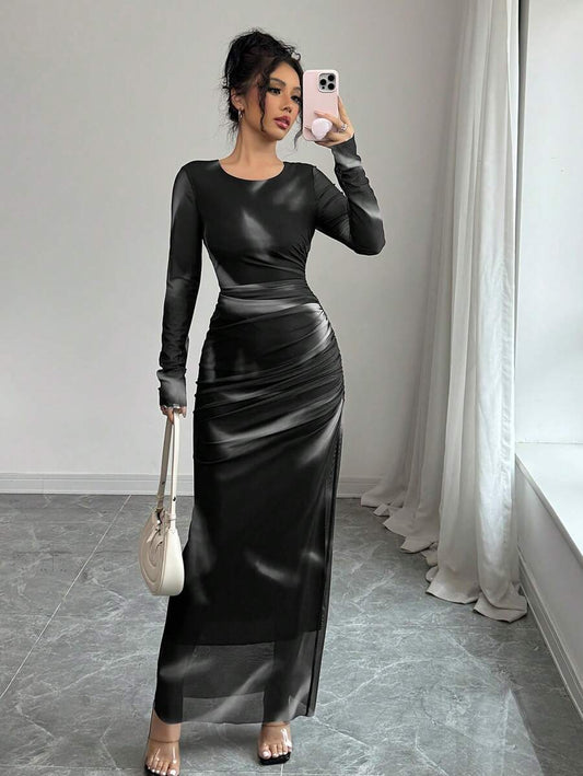 SHEIN Elenzga فستان ماكسي اسود ضيق بطبعة شفافة