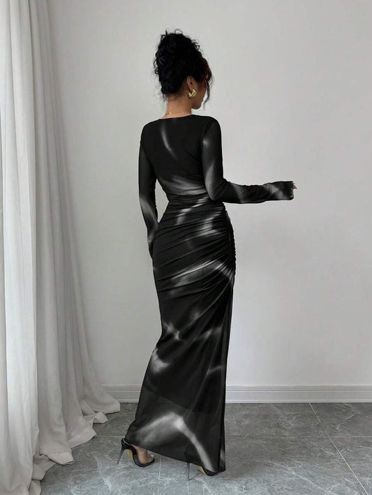 SHEIN Elenzga فستان ماكسي اسود ضيق بطبعة شفافة