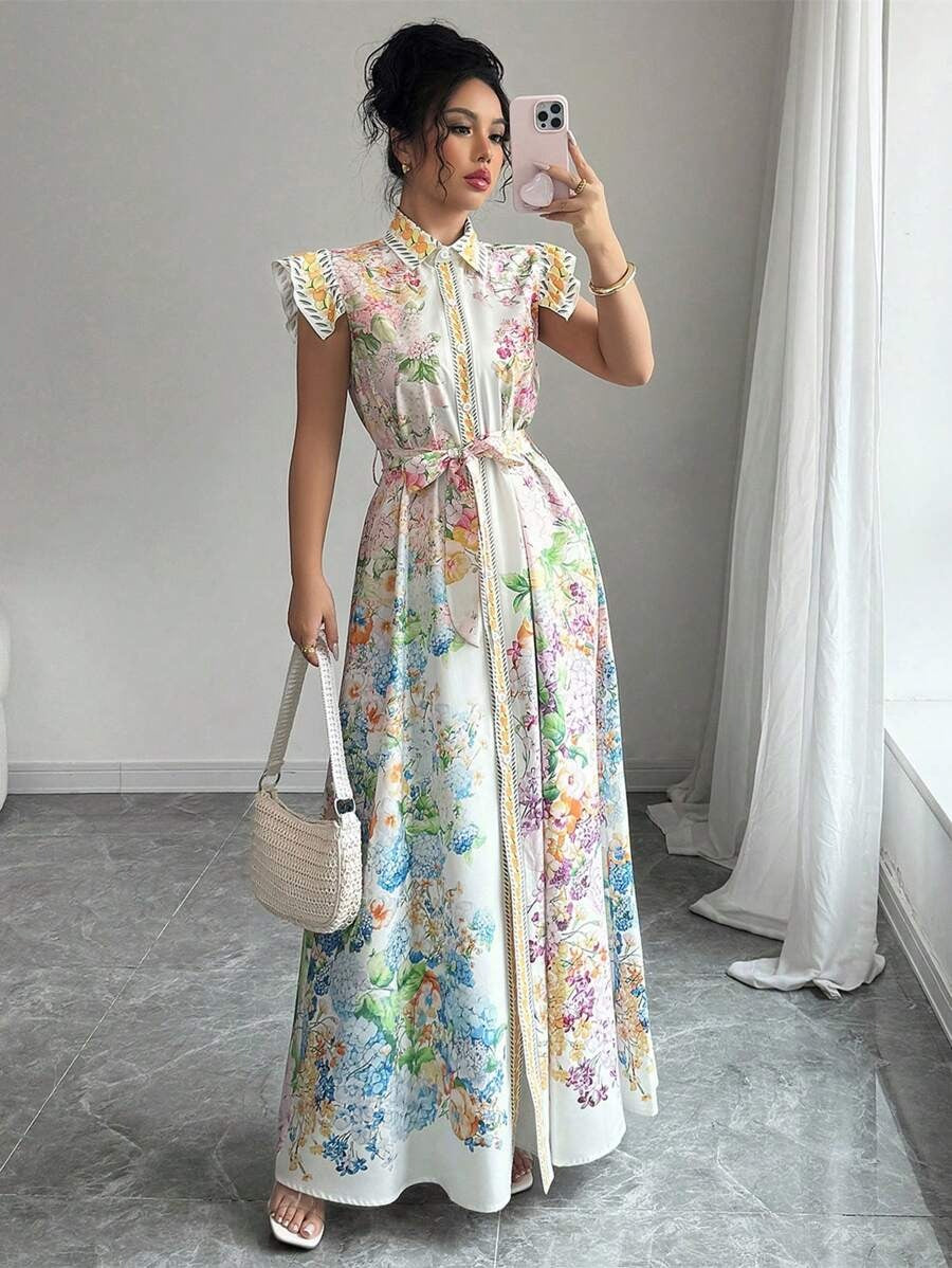 SHEIN Rafferiza فستان  نسائي طويل ستايل قميص مزين بأزرار وطبعة زهور ناعمة