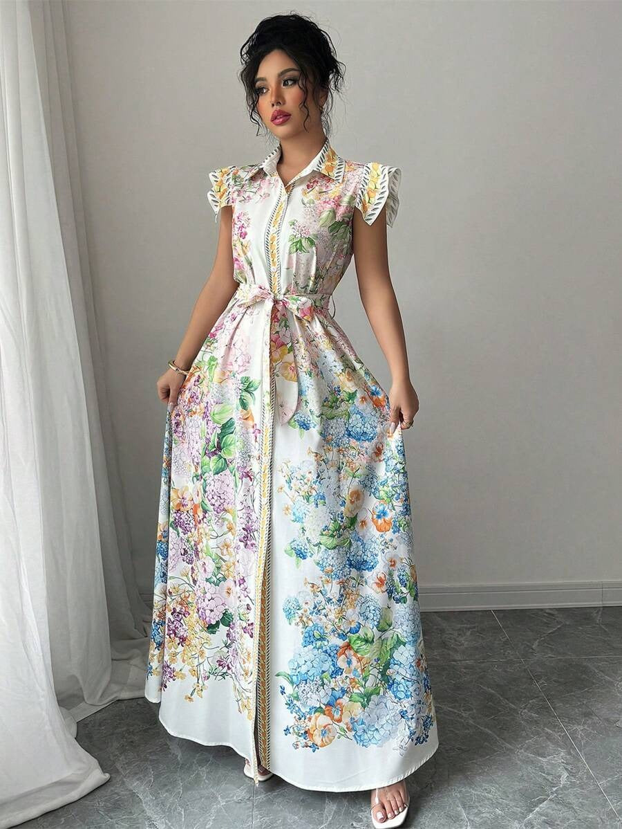 SHEIN Rafferiza فستان  نسائي طويل ستايل قميص مزين بأزرار وطبعة زهور ناعمة