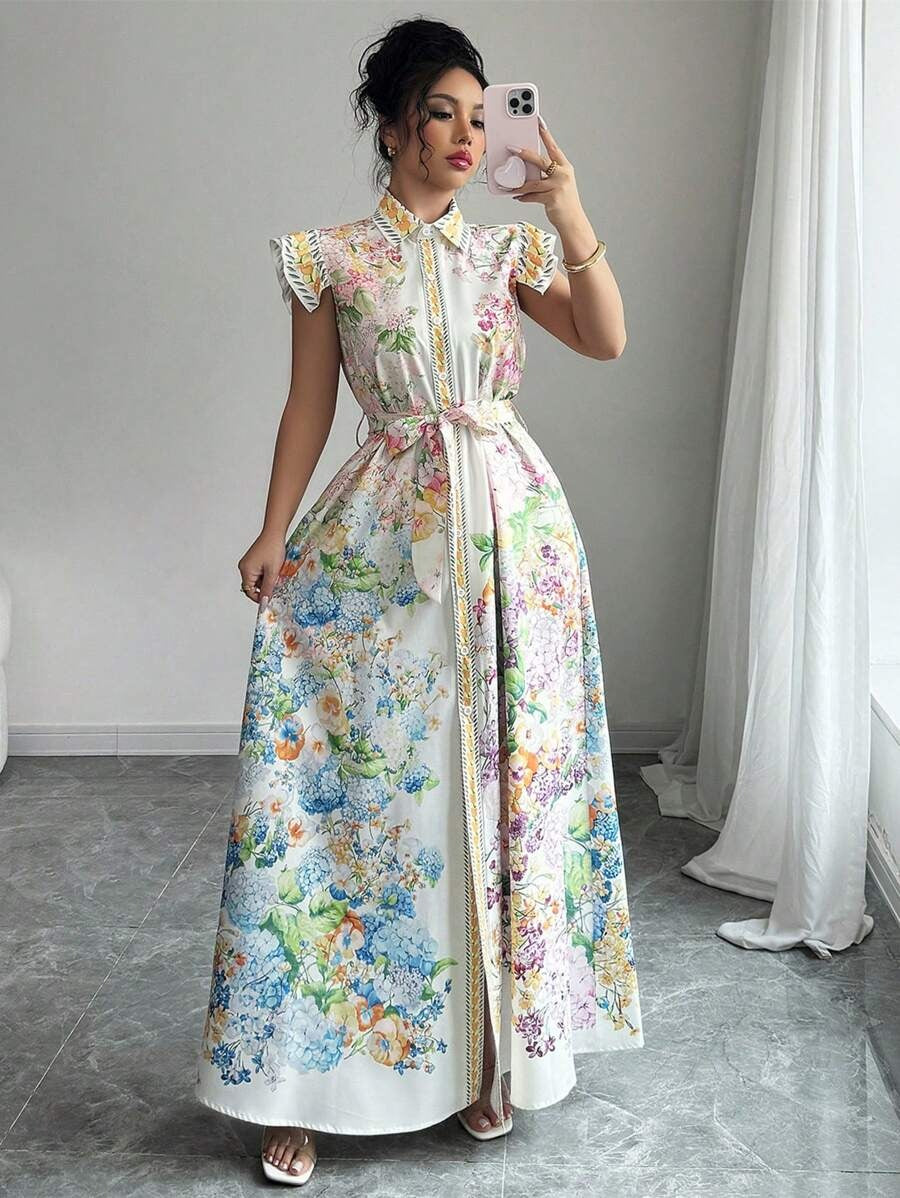 SHEIN Rafferiza فستان  نسائي طويل ستايل قميص مزين بأزرار وطبعة زهور ناعمة