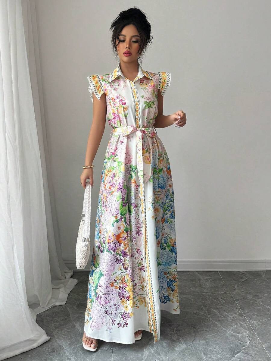 SHEIN Rafferiza فستان  نسائي طويل ستايل قميص مزين بأزرار وطبعة زهور ناعمة